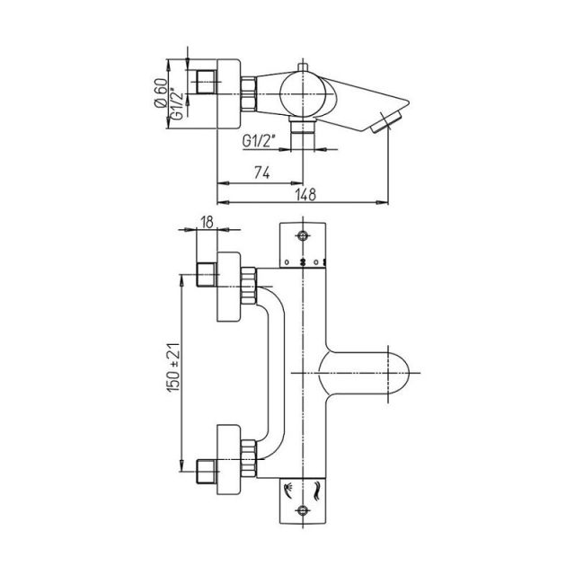 Чертеж Термостатический смеситель для ванны Paini Cox 78PW111TH брашированный никель