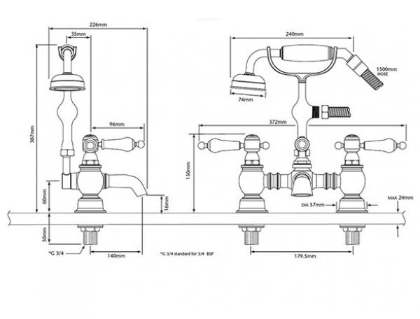 Чертеж Смеситель для ванны Heritage Granley TGRBR02