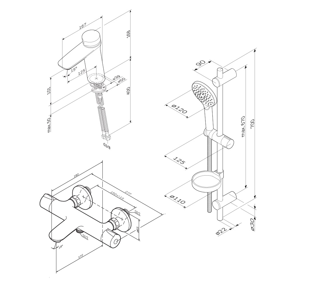 Чертеж Комплект смесителей AM.PM Inspire V2.0 F40950A02