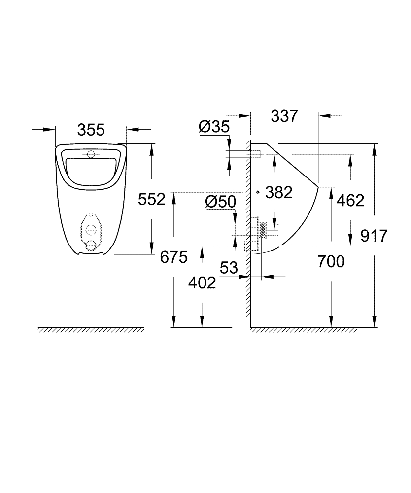 Чертеж Писсуар Grohe Bau Ceramic 39438000 подвод воды сзади