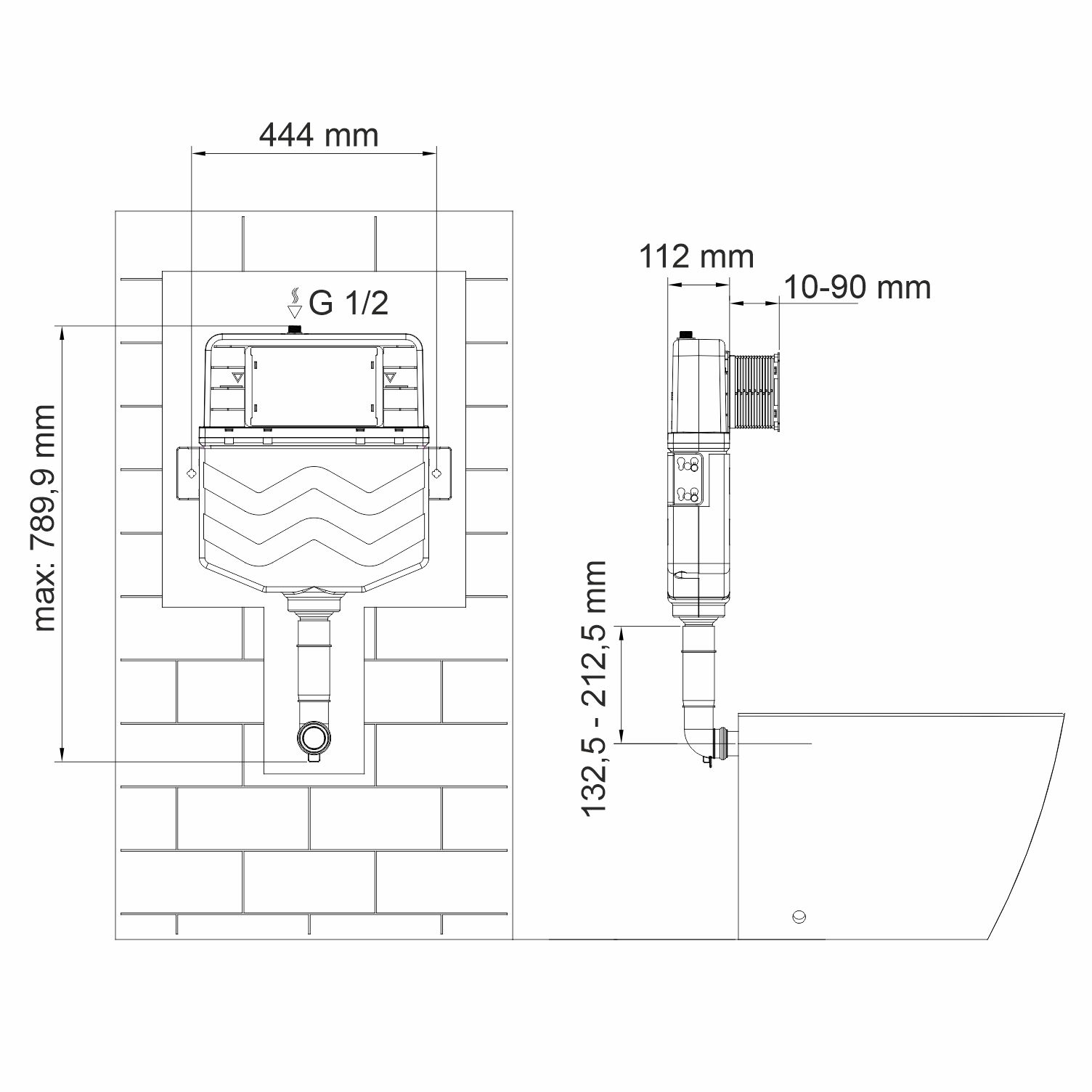 Чертеж Встраиваемый бачок WasserKRAFT Aller 10 10TLT.031.ME.MG01 с клавишей смыва