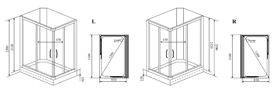 Чертеж Душевая кабина Timo Lux TL-1504 L, левостороняя