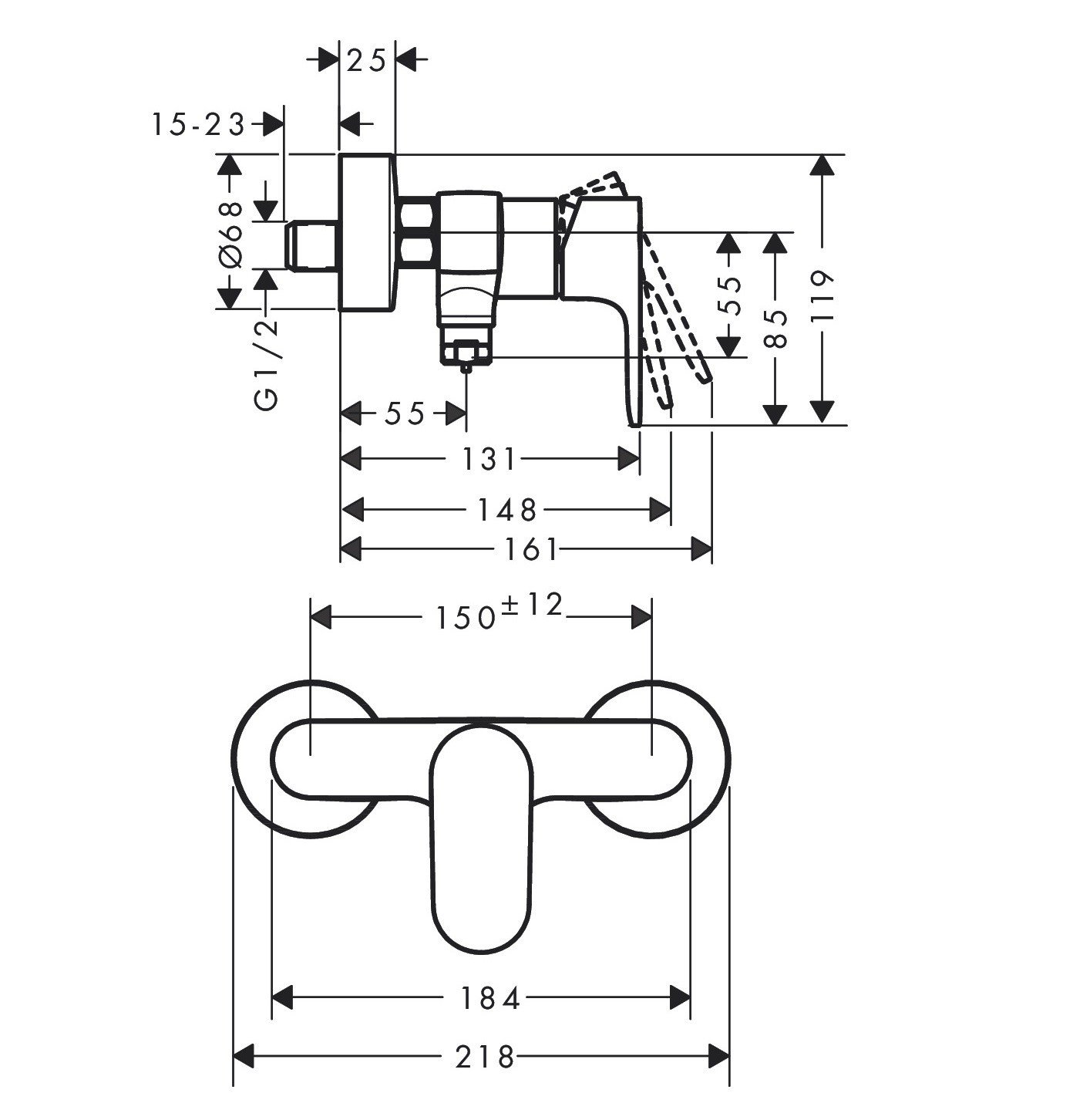 Чертеж Смеситель для душа Hansgrohe Rebris S 72643670 черный матовый