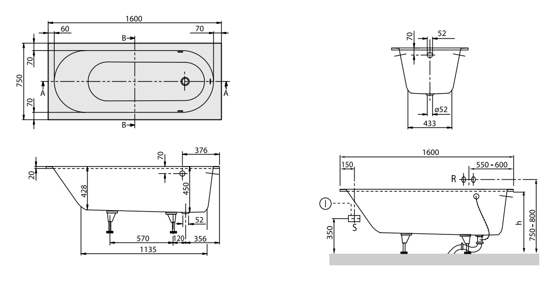 Чертеж Квариловая ванна Villeroy&Boch Oberon 160x75 UBQ160OBE2V-01