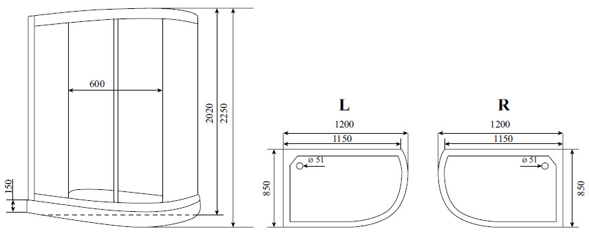 Чертеж Душевая кабина Timo Standart T-1102 R, правосторонняя
