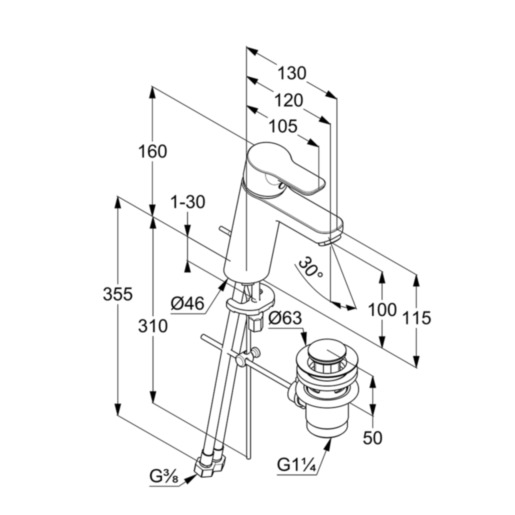 Чертеж Смеситель для раковины Kludi PURE&EASY 372909165 белый/хром
