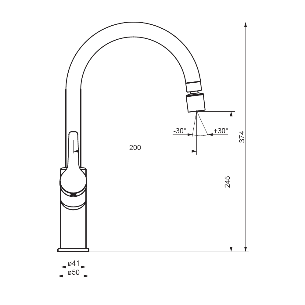 Чертеж Смеситель для кухни Damixa Eclipse 310722000 с двухрежимным регулируемым аэратором