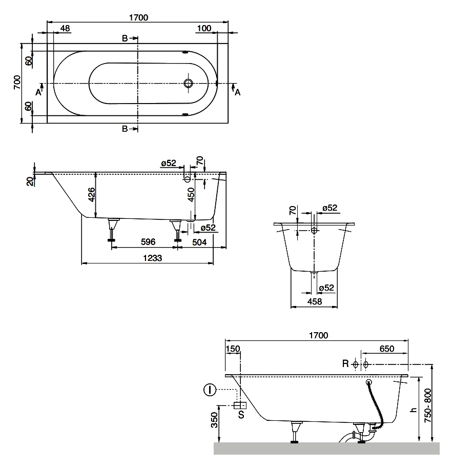 Чертеж Квариловая ванна Villeroy&Boch Oberon 170x70 UBQ177OBE2V-01