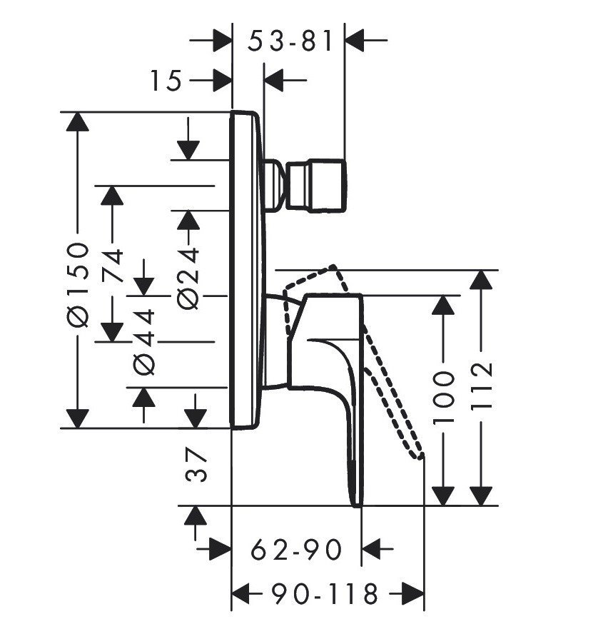 Чертеж Смеситель для душа hansgrohe Rebris E 72469670 черный матовый