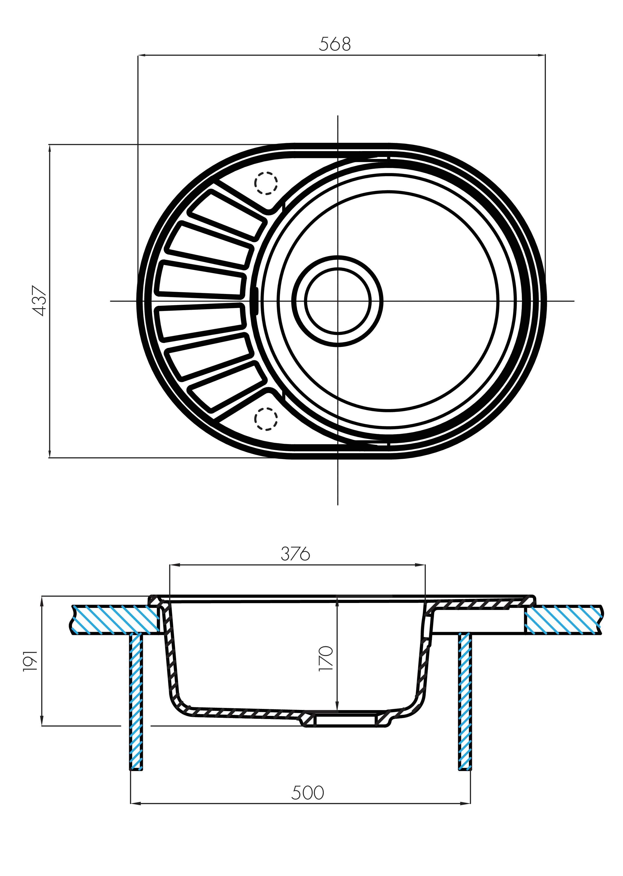 Чертеж Кухонная мойка Aquaton Чезана 1A711232CS220 песочный