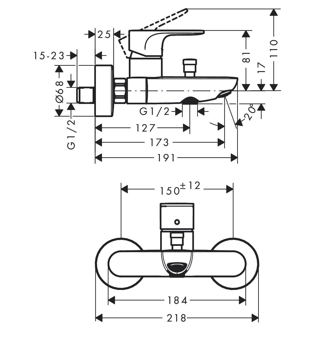 Чертеж Смеситель для ванны и душа hansgrohe Rebris S 72443670 черный матовый