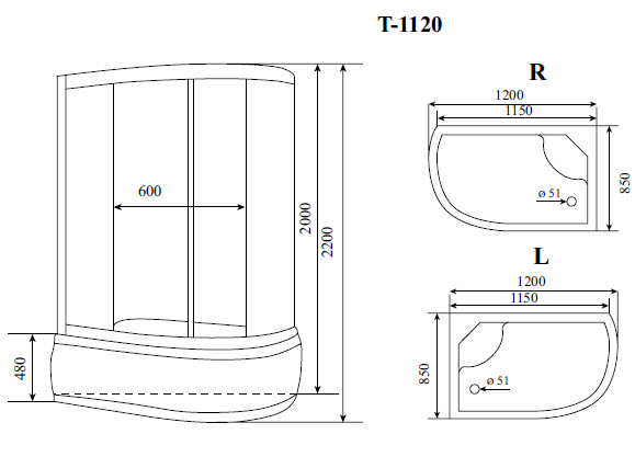 Чертеж Душевая кабина Timo Comfort T-8820 L F, левостороняя