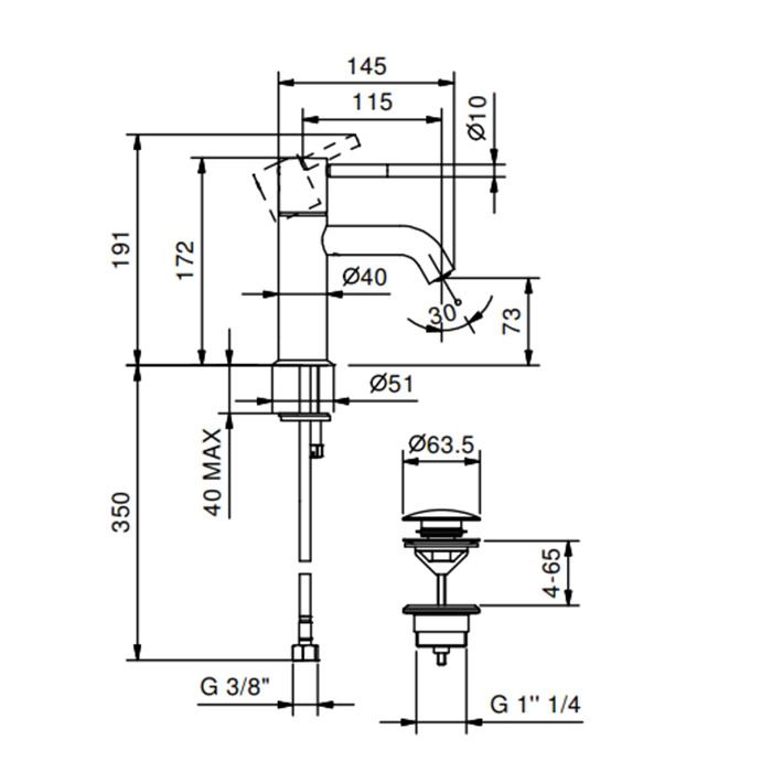 Чертеж Смеситель для раковины Fantini Nostromo 50 13 E804F черный