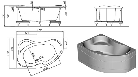 Акриловая ванна Kolpa Lulu 170 R Basis, правая 170x110