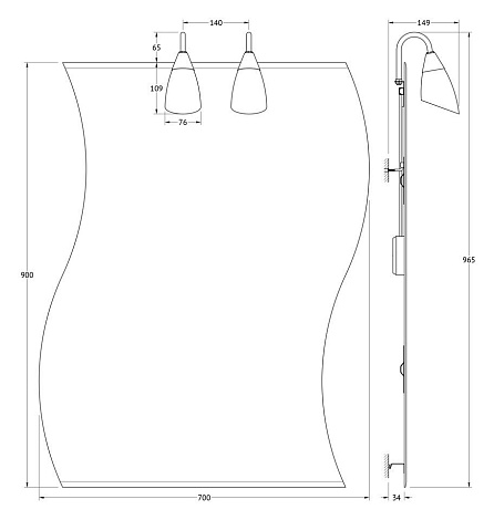 Зеркало с 2-мя светильниками 80 W 70х90 cm ELLUX Classic CLA-A2 0426