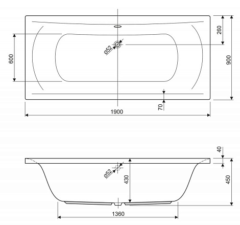 Акриловая ванна Cezares Arena 190x90 ARENA-190-90-45