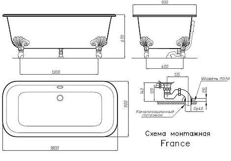 Акриловая ванна Doctor Jet France 180x90 DJ-A8 хром, ножки хром