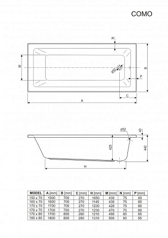 Акриловая ванна Cezares Plane solo mini 170x80 PLANE SOLO MINI-170-80-42