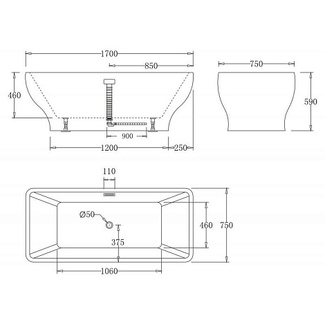Акриловая ванна BELBAGNO 170x75x60 BB73-1700