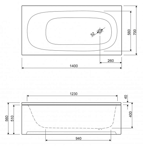 Акриловая ванна Cezares Eco 140x70 ECO-140-70-40