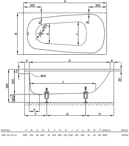 Стальная ванна Bette FORM 160x70 3600-000+AD+PLUS